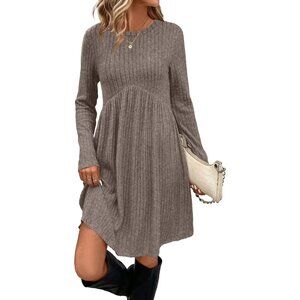 Ofeefan Women Coffee Crew Neck Long Sleeve Empire Waist Dress with Pockets